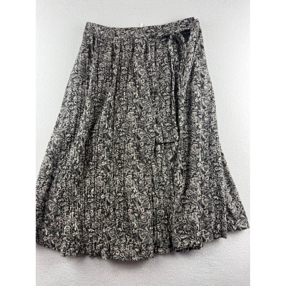 Free People Floral Crinkle Midi Skirt Black Cream Side Tie A-Line Size 4